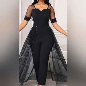 Black Glitter Mesh Jumpsuit with Beautiful Train